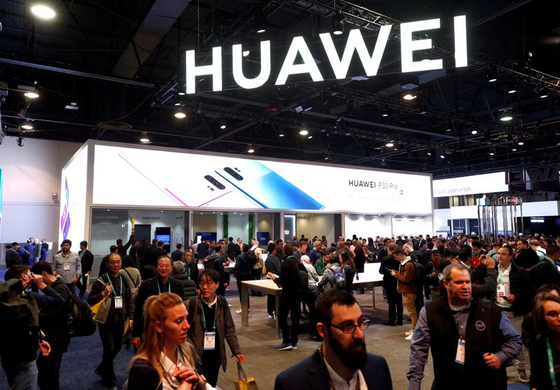 The Huawei booth is shown during the 2020 CES in Las Vegas