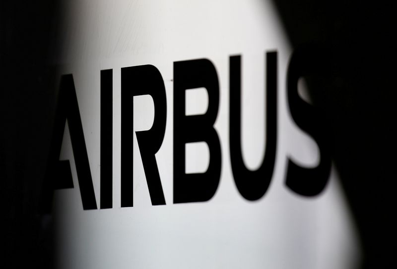 FILE PHOTO: The logo of Airbus is pictured at the aircraft builder's headquarters of Airbus in Colomiers near Toulouse