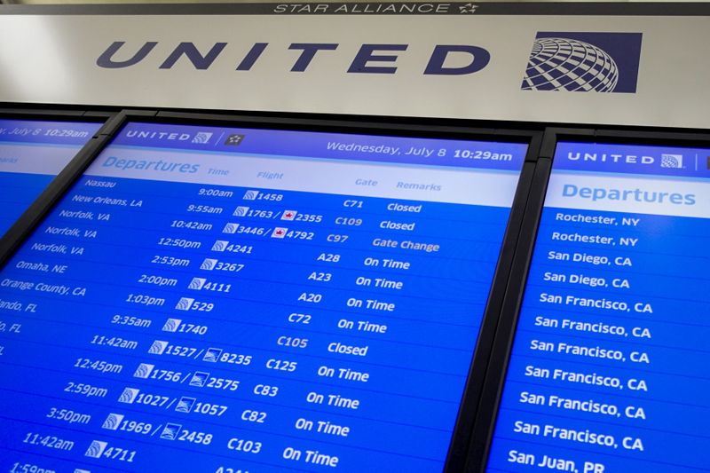 The United Airlines timetable is pictured in Newark International Airport, New Jersey