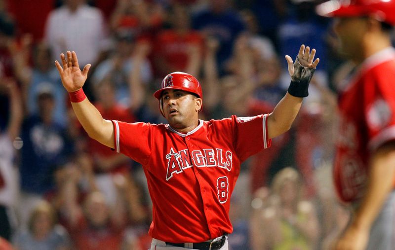 Los Angeles Angels' Morales reacts after being tagged out at home plate against the Texas Rangers in Arlington, Texas