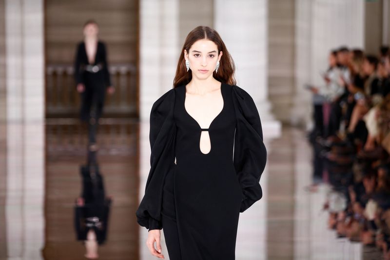 A model presents a creation at the Victoria Beckham catwalk show during London Fashion Week in London