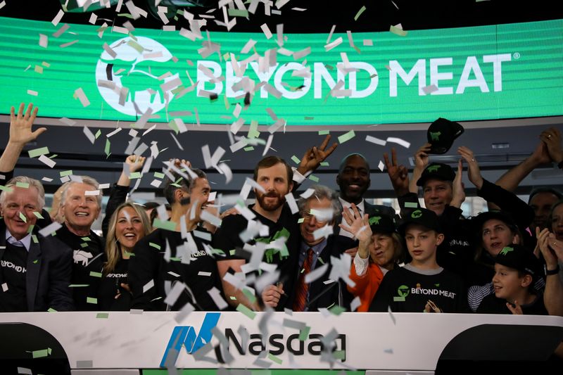 Ethan Brown, founder and CEO of Beyond Meat, and guests ring the opening bell to celebrate his company's IPO at the Nasdaq Market site in New York