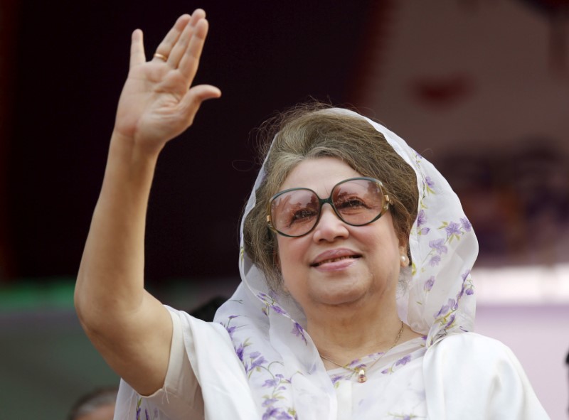 FILE PHOTO: File picture of Khaleda Zia waving to activists as she arrives for a rally in Dhaka