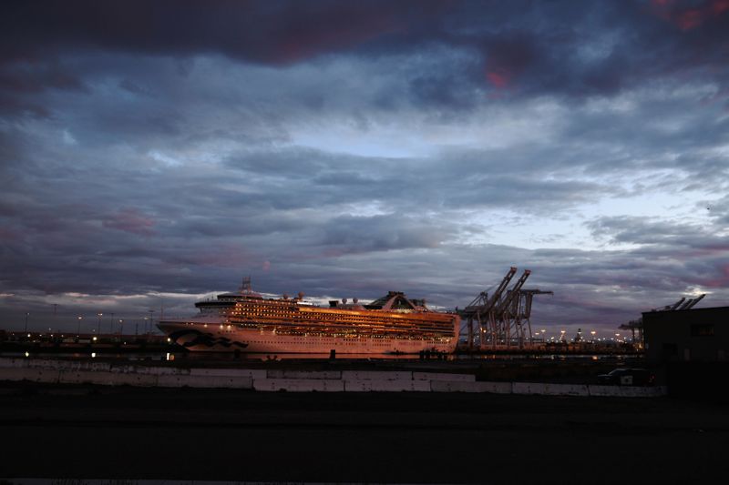 The Grand Princess cruise ship carrying passengers who have tested positive for coronavirus, seen berthed at the Port of Oakland for a second night in Oakland