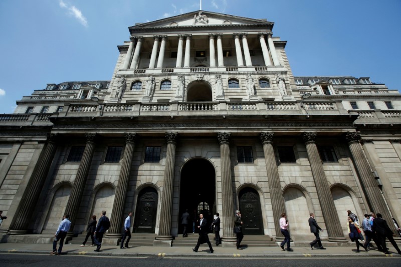 FILE PHOTO: Pedestrians walk past the Bank of England in the City of London