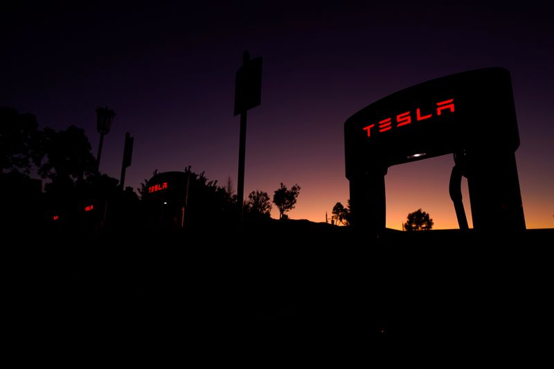 Tesla superchargers are shown at a charging station in Santa Clarita, California