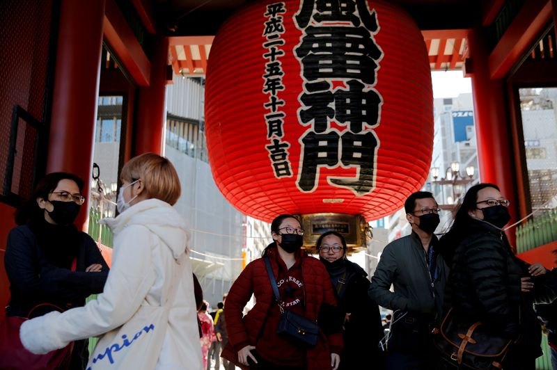 FILE PHOTO: Tourists wearing face masks walk past Kaminarimon Gate as they visit Sensoji temple in Tokyo