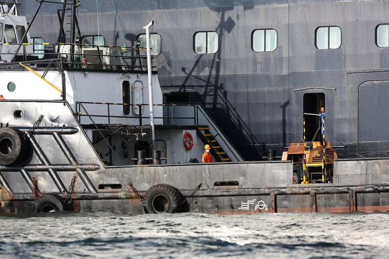 An offshore supply vessel is seen next to the cruise ship MS Rotherdam, which brought supplies and Covid-19 test kits to the MS Zaandam, where four passengers died, is pictured off the coast of Panama City