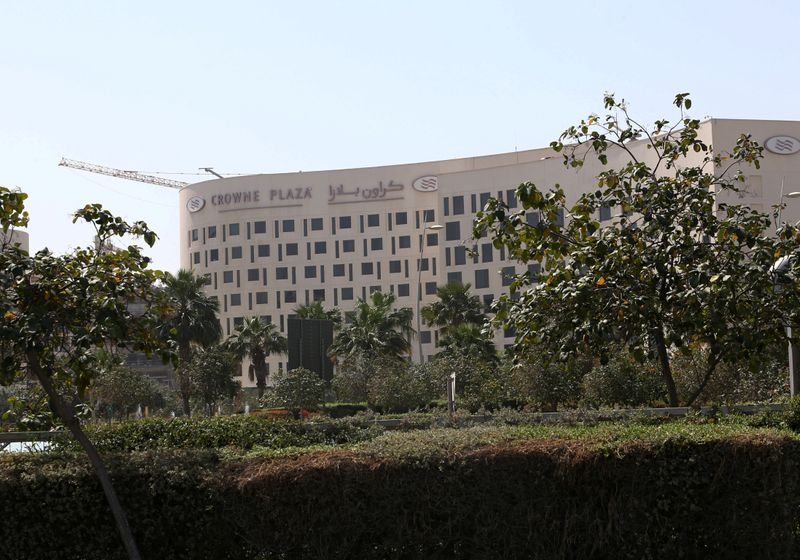 FILE PHOTO: Exterior view of the Crowne Plaza hotel, where two Italian cyclists participating in the UAE Tour tested positive for COVID-19 coronavirus, at Yas Island in Abu Dhabi