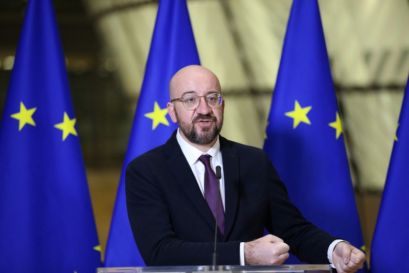 EU Council President Charles Michel holds a news conference after a videoconference with EU heads of state to discuss coronavirus disease (COVID-19) measures, in Brussels