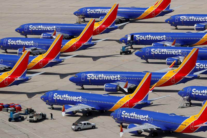 FILE PHOTO: A number of grounded Southwest Airlines Boeing 737 MAX 8 aircraft are shown parked at Victorville Airport in Victorville, California