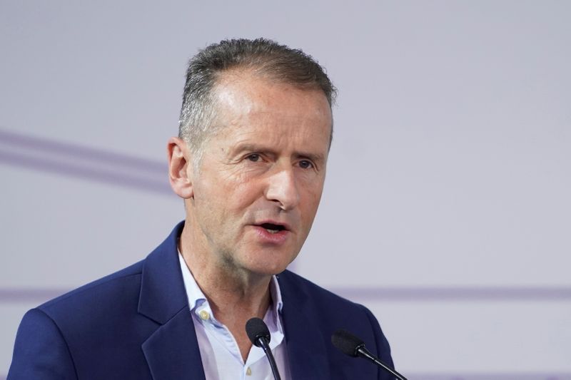 FILE PHOTO: Volkswagen Group CEO Herbert Diess attends a construction completion event of SAIC Volkswagen MEB electric vehicle plant in Shanghai