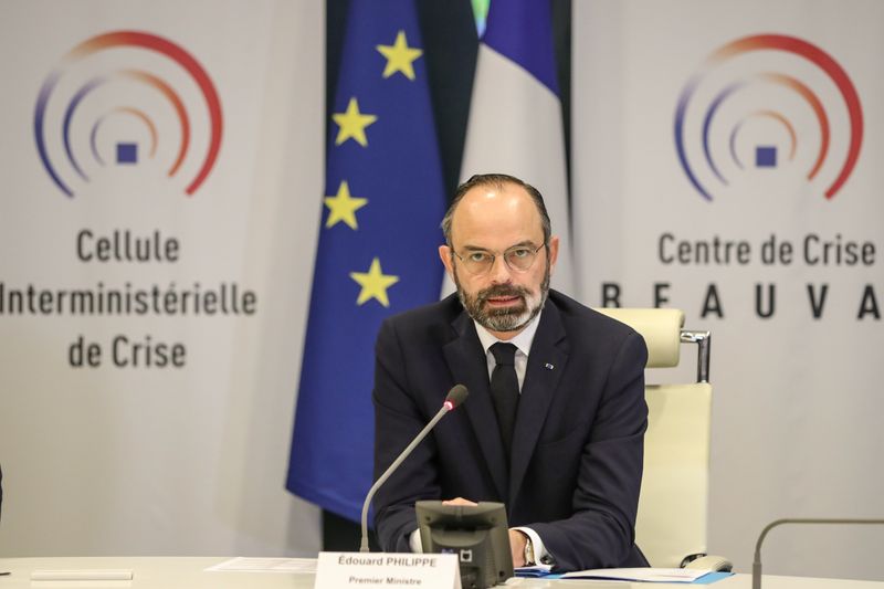 French Prime Minister Edouard Philippe chairs a video meeting with French regions prefects on the coronavirus in the 