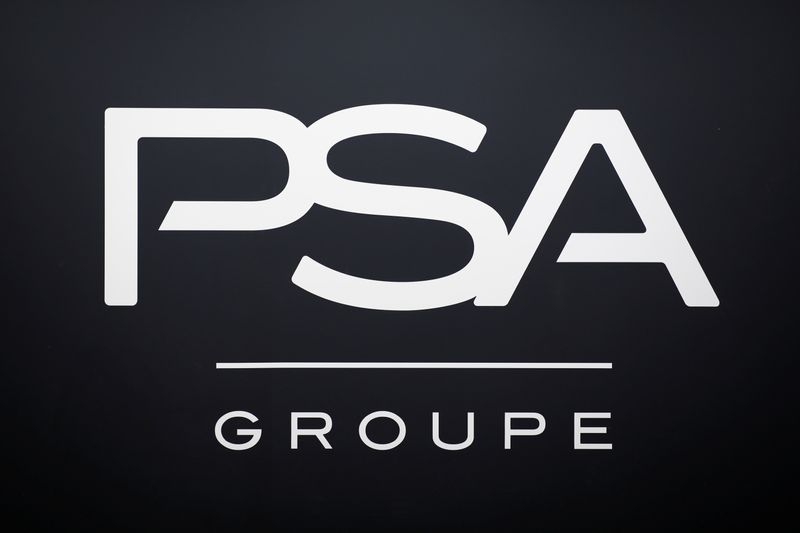 The logo of PSA Group is seen during the annual results news conference in Rueil-Malmaison, near Paris