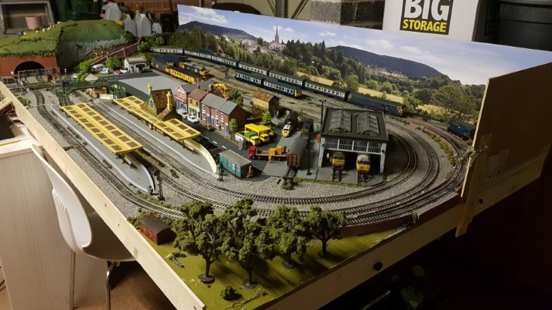 A model of a small-town railway station called Cheadle Hill, an OO gauge layout made by Paul Willard in his garage in Stockport