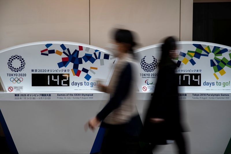 FILE PHOTO: Women wearing protective face masks, following an outbreak of the coronavirus, walk past countdown clocks for the opening ceremony of the Tokyo 2020 Olympic and The Tokyo Paralympic 2020 at a building in Tokyo