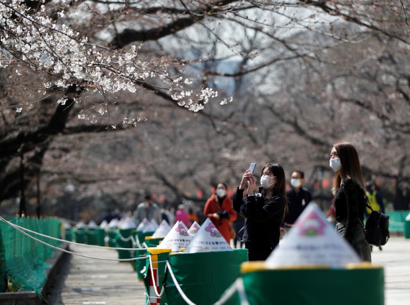 FILE PHOTO: Visitors wearing a protective face masks following an outbreak of the coronavirus disease look at blooming cherry blossoms next to ropes cordonning off viewing parties at the area at Ueno park in Tokyo, Japan