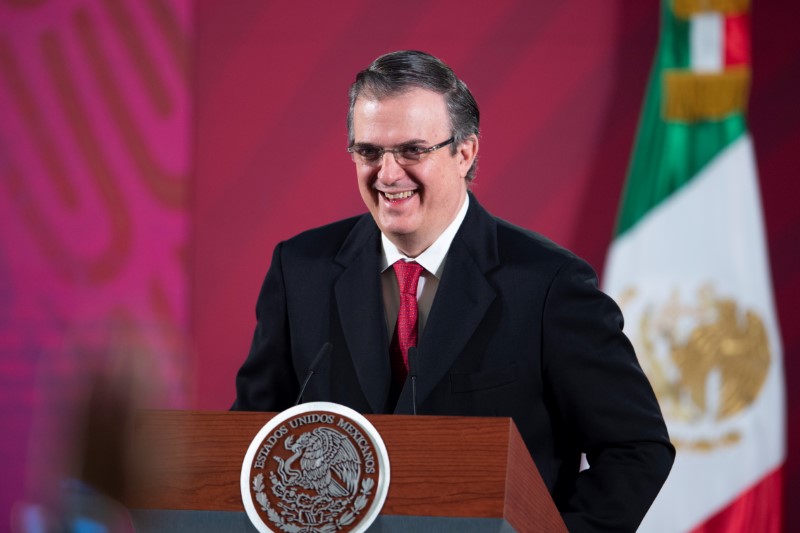 Mexico's Foreign Minister Marcelo Ebrard reacts during a news conference at the National Palace in Mexico City