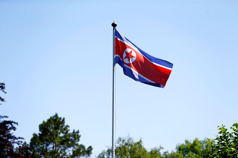 The flag of North Korea is seen in Geneva