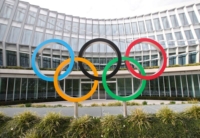 The Olympic rings are pictured in front of the IOC in Lausanne