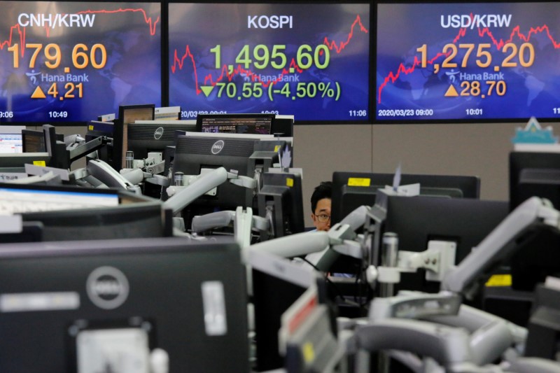A currency dealer works in front of electronic boards showing the Korea Composite Stock Price Index (KOSPI) and the exchange rate between the U.S. dollar and South Korean won, in Seoul