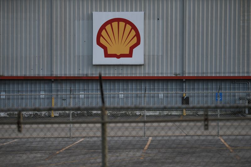 A sign is seen at a Shell facility near the Houston Ship Channel in Galena Park
