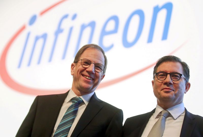 FILE PHOTO: Ploss, CEO of German semiconductor manufacturer Infineon and CFO Schneider pose before the company's annual shareholder meeting in Munich