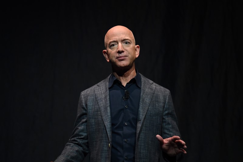 Founder, Chairman, CEO and President of Amazon Jeff Bezos speaks during an event about Blue Origin's space exploration plans in Washington