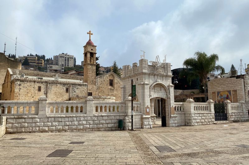 A general view shows an empty plaza outside the Greek Orthodox Church of the Annunciation, in Nazareth, northern Israel