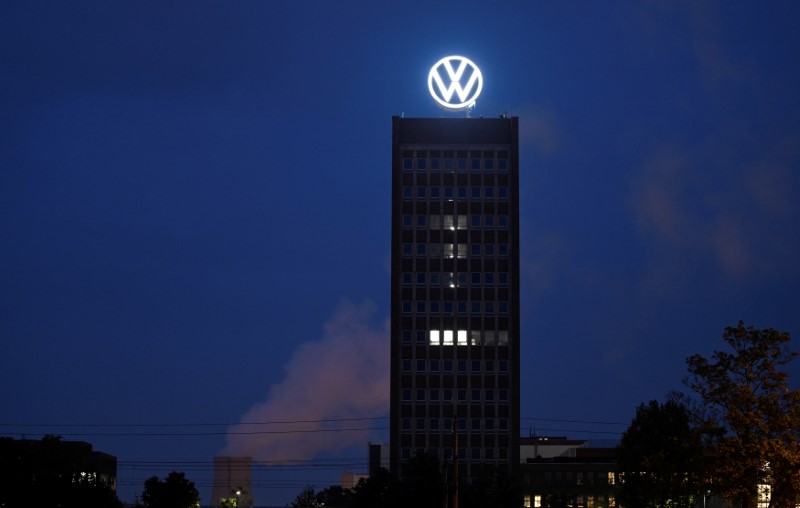 A new logo of German carmaker Volkswagen is unveiled at the VW headquarters in Wolfsburg