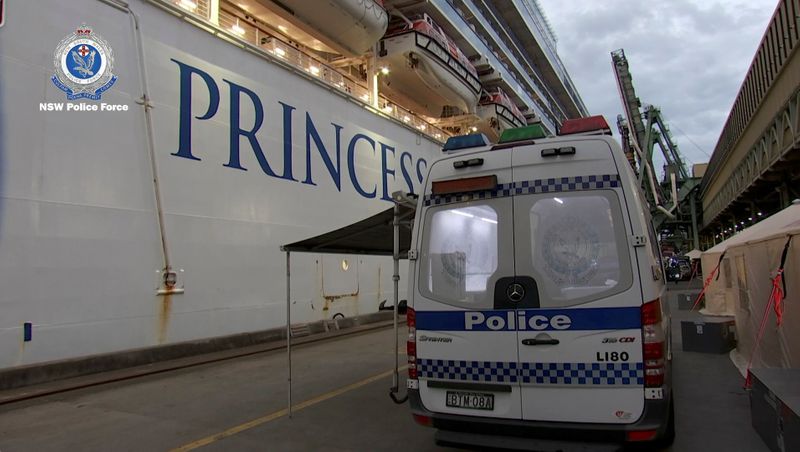 A NSW Police vehicle is seen during the Strike Force Bast raid of the Ruby Princess cruise ship at Port Kembla