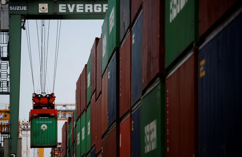 Containers are pictured at an industrial port in Tokyo