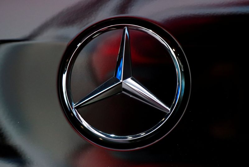 The logo of German car manufacturer Mercedes-Benz is seen at Brussels Motor Show