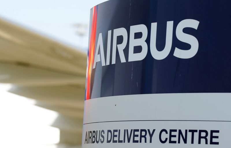 Logo of Airbus is pictured at the aircraft builder's headquarters of Airbus in Colomiers near Toulouse
