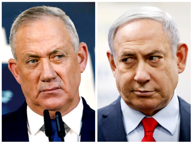 FILE PHOTO: A combination picture shows Gantz, leader of Blue and White party in Tel Aviv and Israeli Prime Minister Netanyahu in Kiryat Malachi