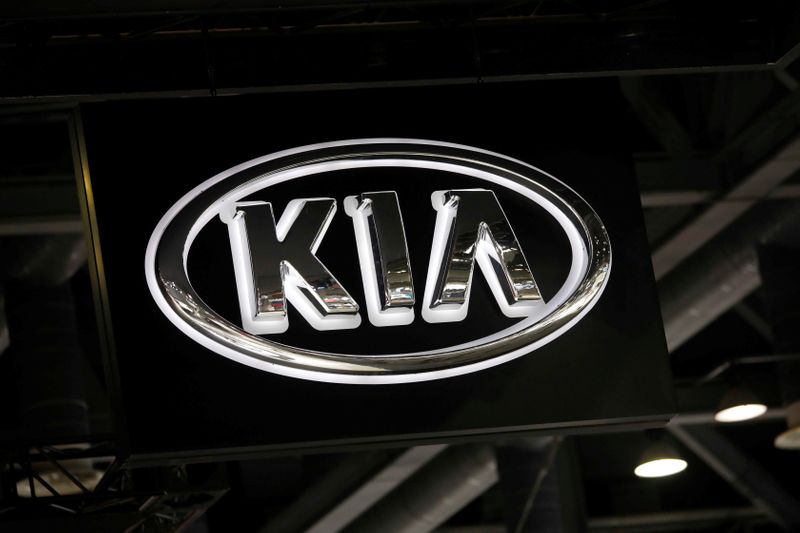 The logo of Kia Motors is seen during the 2019 Seoul Motor Show in Goyang