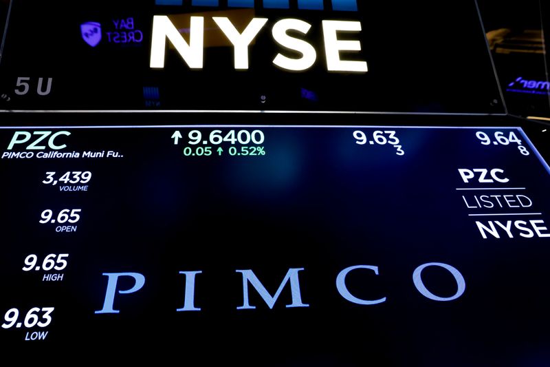 Ticker and trading information for PIMCO are displayed on a screen at NYSE in New York