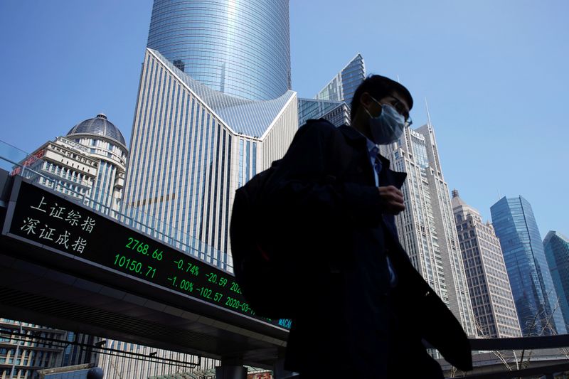 Pedestrian wearing a face mask walks near an overpass with an electronic board showing stock information in Shanghai