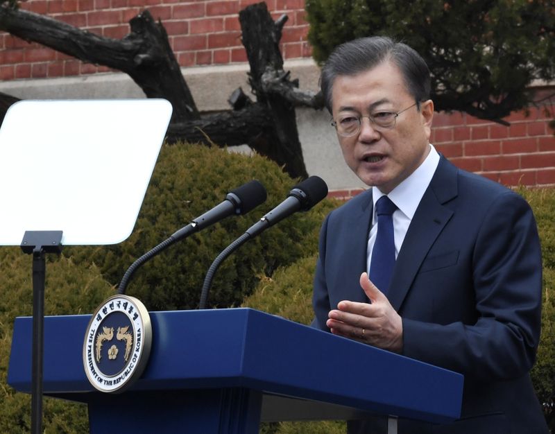 FILE PHOTO: South Korea's President Moon Jae-in speaks during a ceremony marking the 101st anniversary of the March 1st Independence Movement Day in Seoul