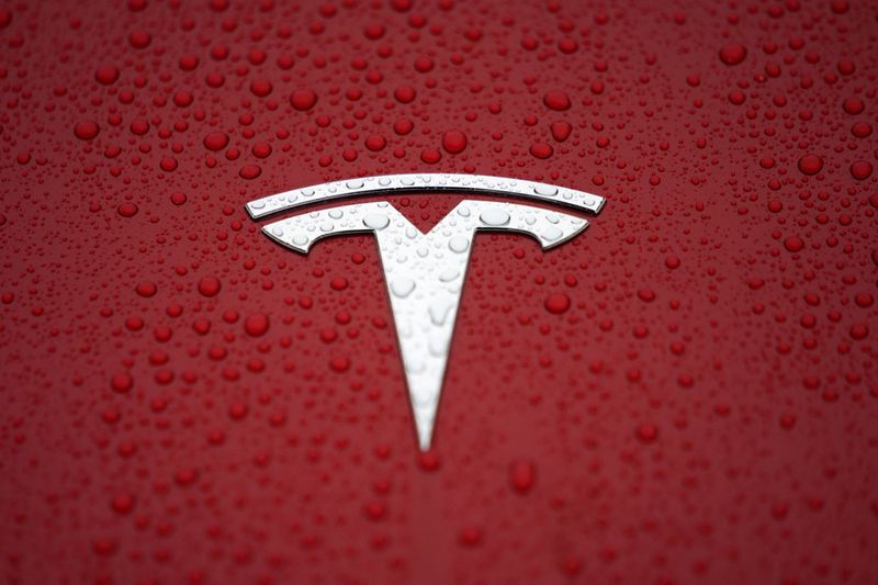 FILE PHOTO: A Tesla logo is seen at a groundbreaking ceremony of Tesla Shanghai Gigafactory in Shanghai