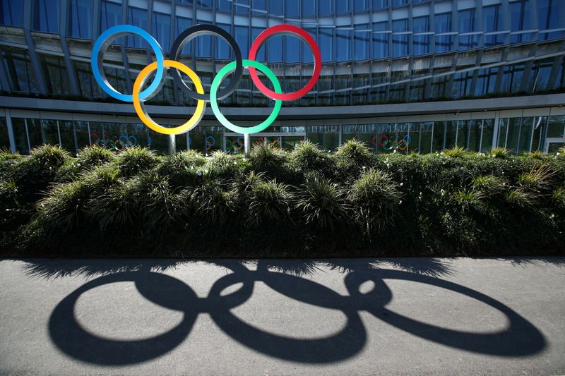 The Olympic rings are pictured in front of the IOC headquarters in Lausanne