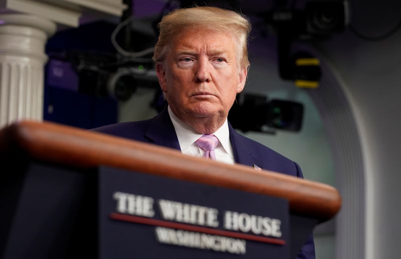 U.S. President Trump leads the daily coronavirus response briefing at the White House in Washington