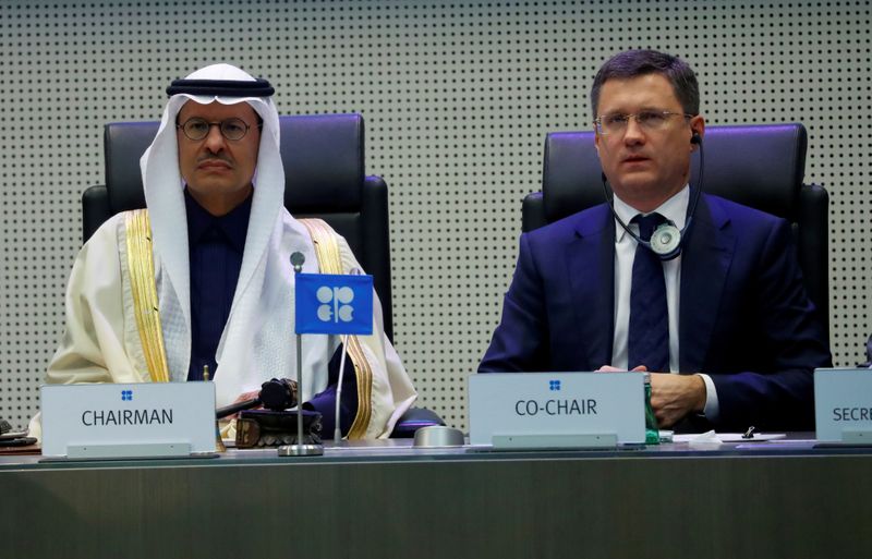 FILE PHOTO: Saudi Arabia's Minister of Energy Prince Abdulaziz bin Salman Al-Saud and Russia's Energy Minister Novak are seen at the beginning of a meeting in Vienna