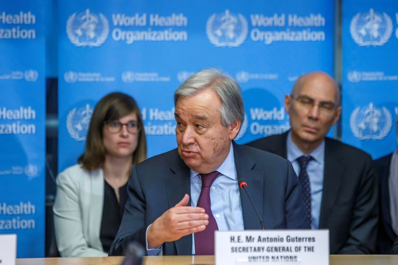 U.N. Secretary General, Antonio Guterres speaks during an update on the situation regarding the COVID-19 (previously named novel coronavirus) at the World Health Organization headquarters in Geneva