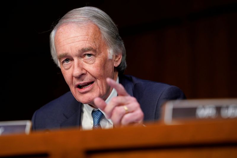 Senator Edward Markey questions government transportation officials on aviation safety, during a hearing by the Senate Commerce subcommittee on Transportation and Safety on Capitol Hill in Washington