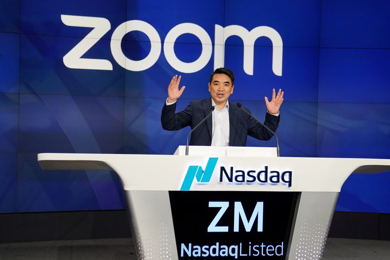 Eric Yuan, CEO of Zoom Video Communications takes part in a bell ringing ceremony at the NASDAQ MarketSite in New York