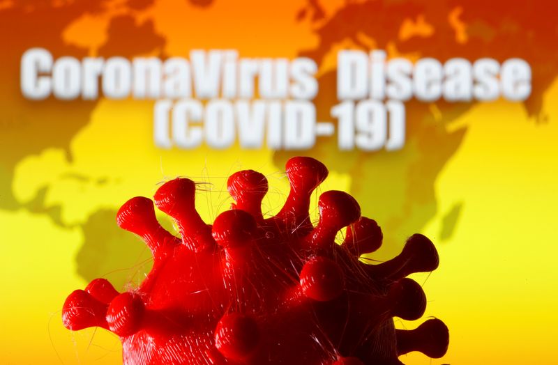 A 3D-printed coronavirus model is seen in front of a world map and the words 