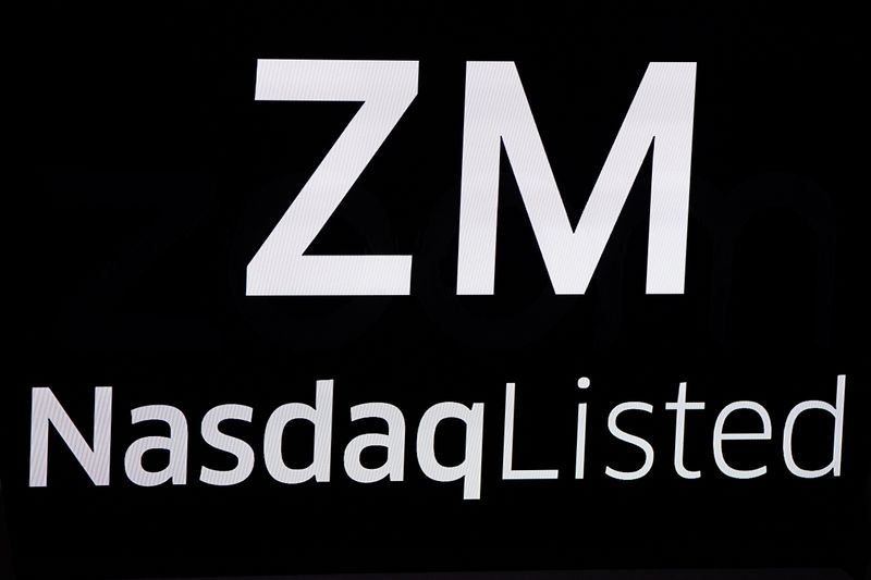 The Zoom Video Communications ticker symbol is pictured at the NASDAQ MarketSite in New York