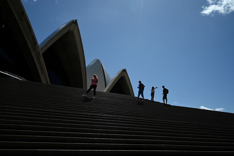 FILE PHOTO: A handful of tourists stand atop the mostly deserted steps of the Sydney Opera House in Sydney
