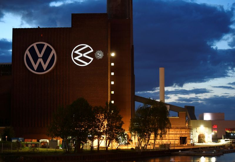 FILE PHOTO: A cartoon of a VW logo squashing the coronavirus is displayed on a building at Volkswagen's headquarters to celebrate the plant's re-opening during the spread of the coronavirus disease (COVID-19) in Wolfsburg